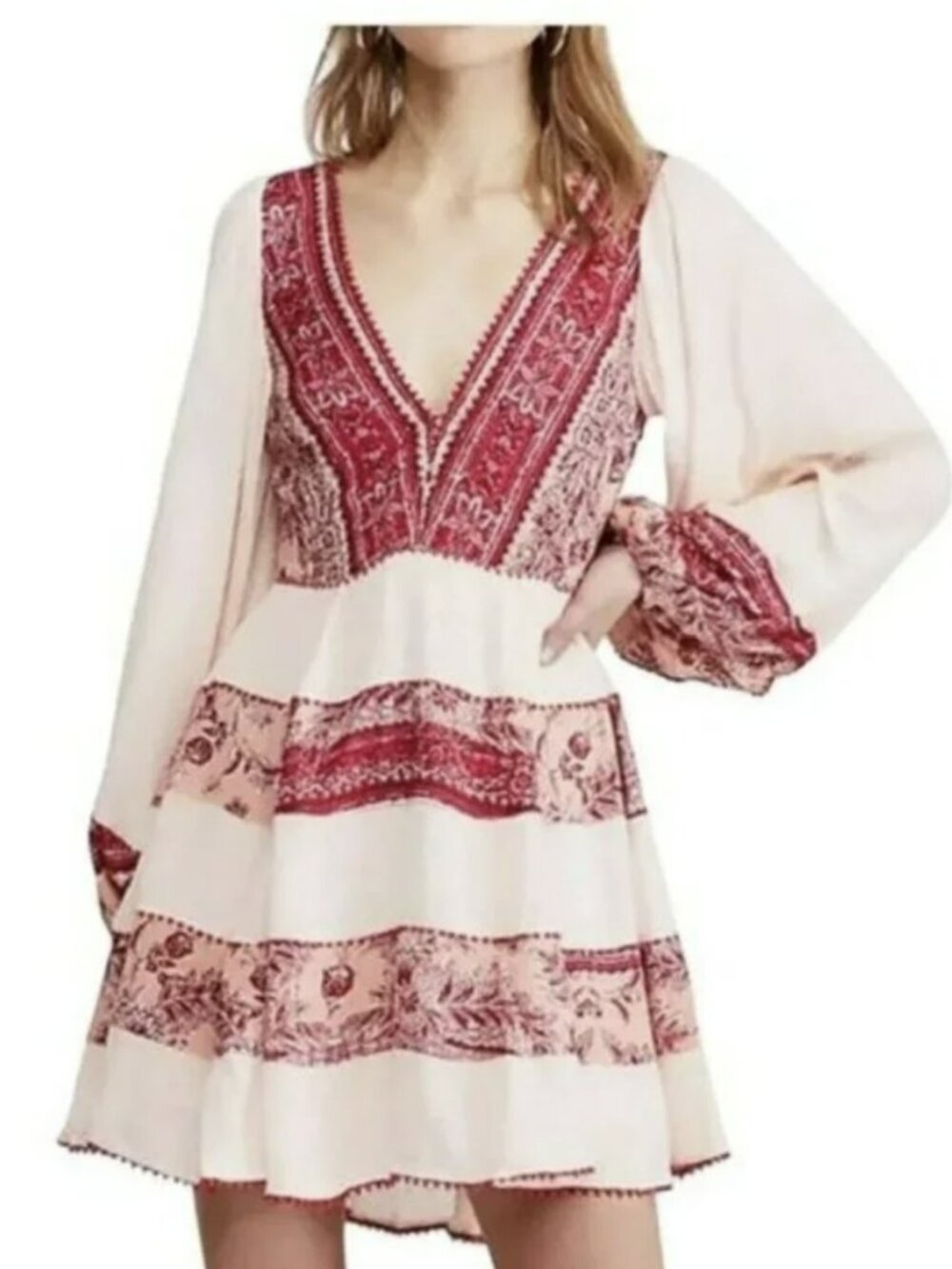 Free People $168 My Love Boho Tiered Long Sleeve Mini Dress Size Small New